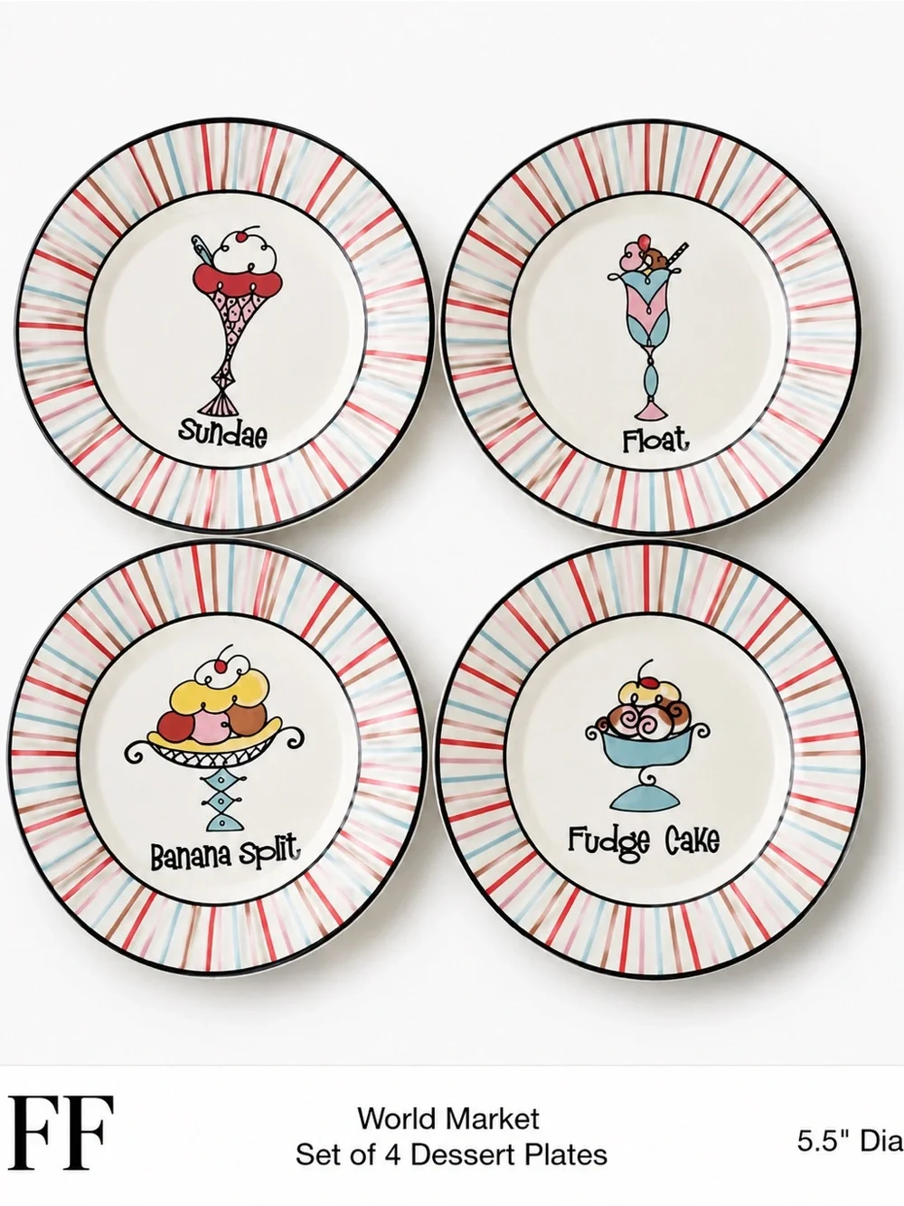 World Market Set of 4 Dessert Plates Sundae Float Banana Split Fudge Cake